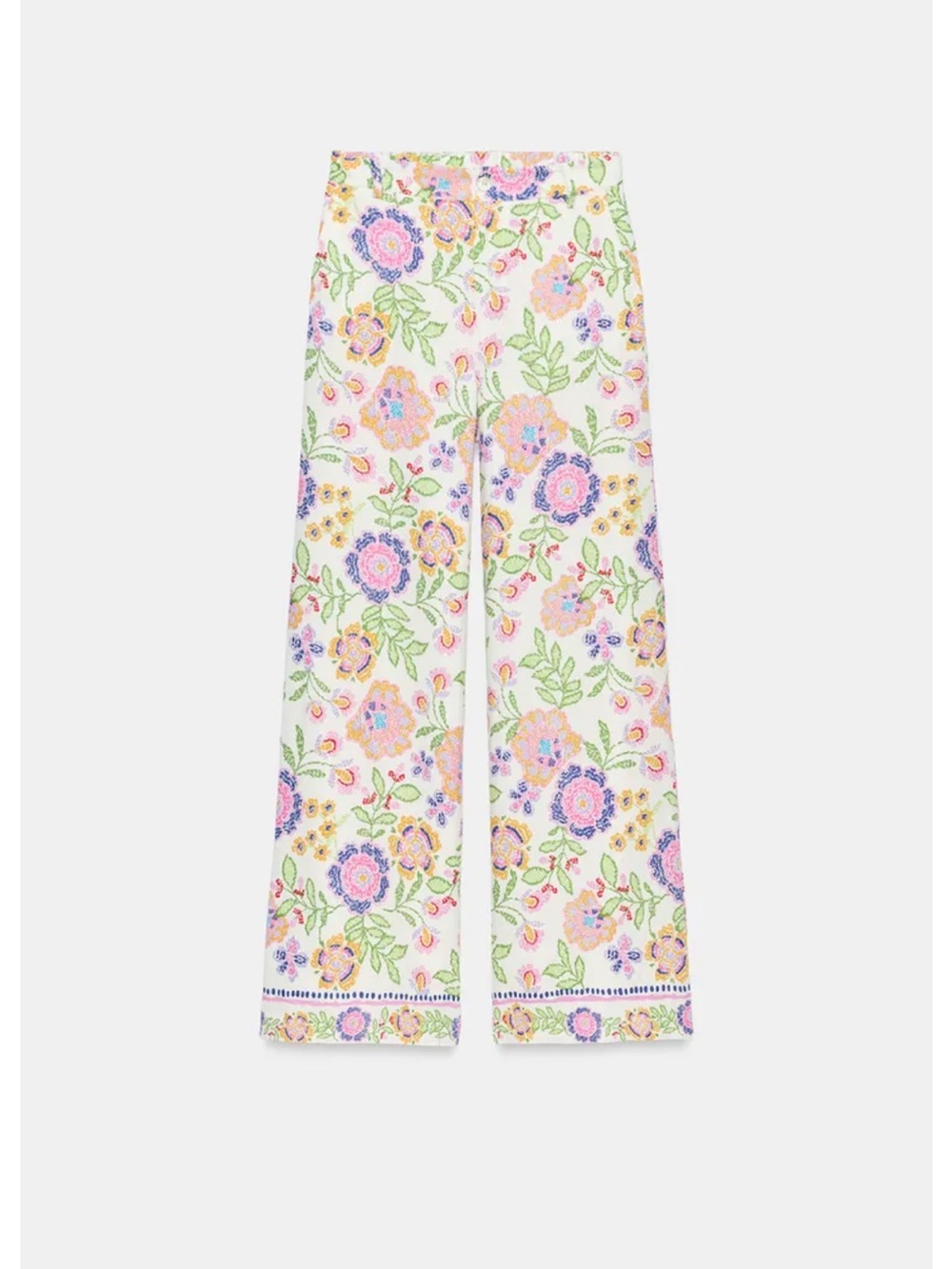 Zara White Wide-Leg Floral Pants with Multicolor Blooms